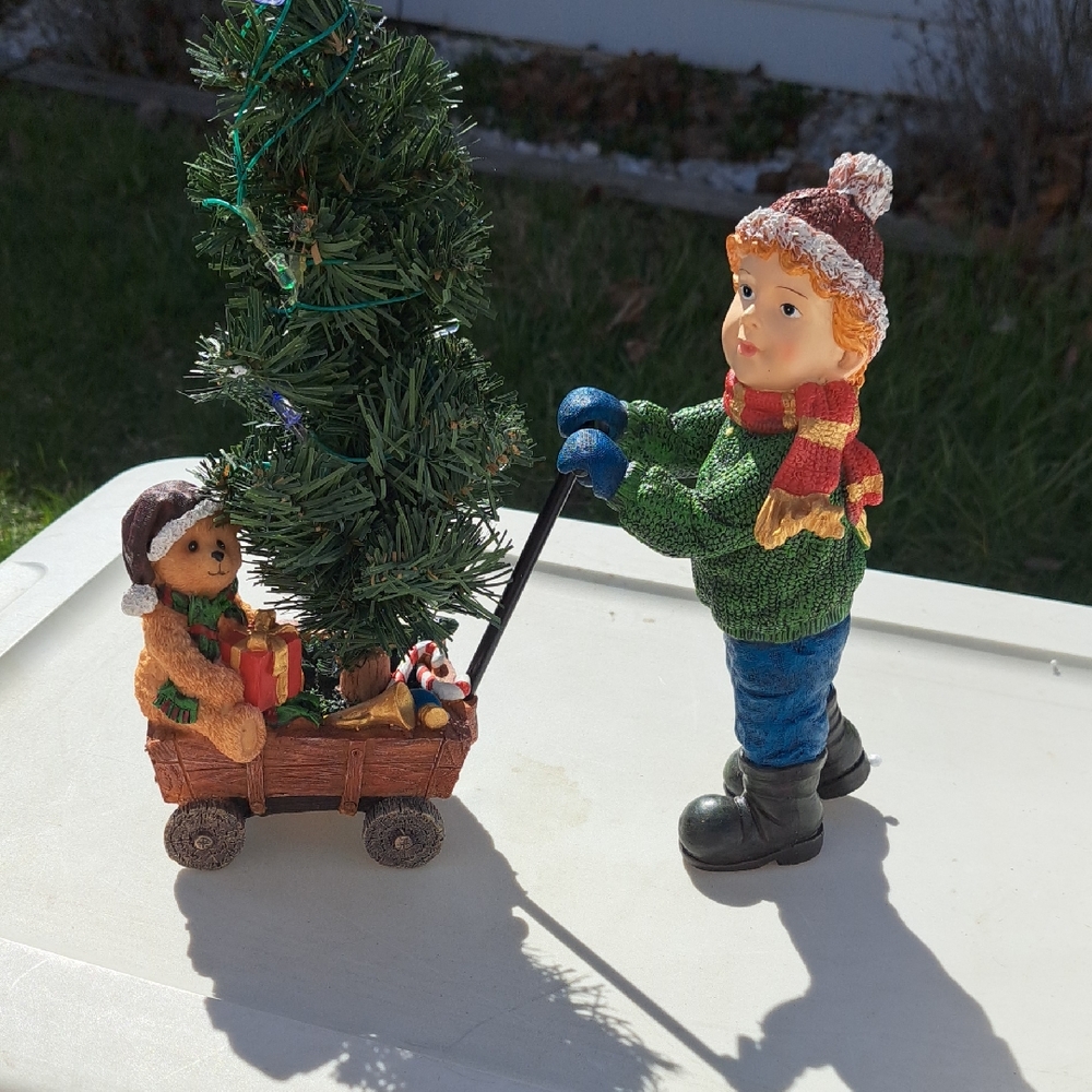 Holiday Boy Figurine Toy with Tree and Bear Wagon - Green and Blue